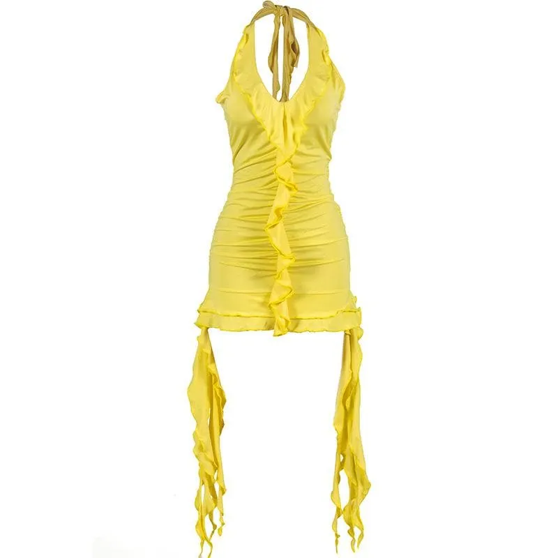 BerriesJam - Self Tie Halter Ruffle V Neck Ribbon Backless Mini Dress