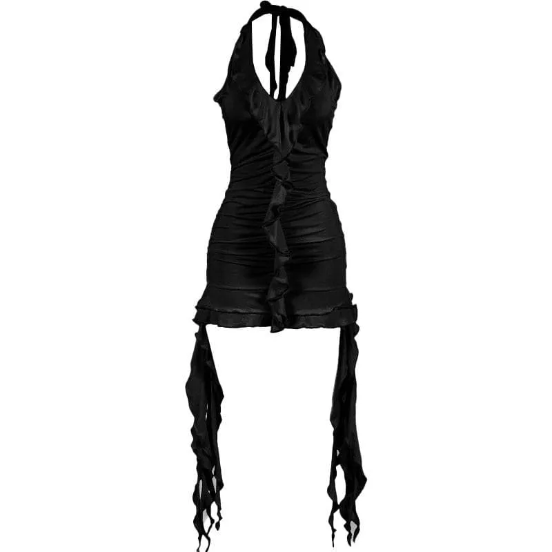 BerriesJam - Self Tie Halter Ruffle V Neck Ribbon Backless Mini Dress