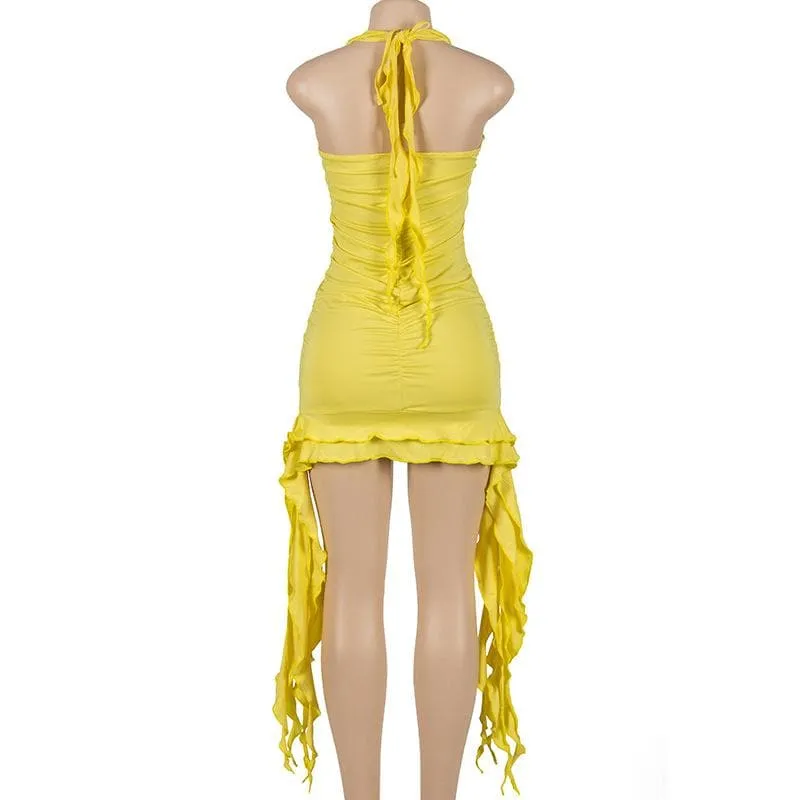 BerriesJam - Self Tie Halter Ruffle V Neck Ribbon Backless Mini Dress