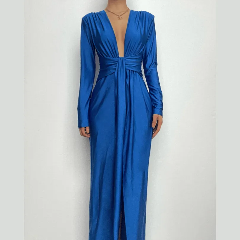 BerriesJam - Sleeve V Neck Ruched Slit Solid Irregular Maxi Dress