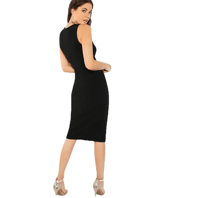 Black Bodycon Elegant Office Ladies Work Wear Dress Women Solid Sleeveless Knee Length Pencil Slim Midi Party Dresses