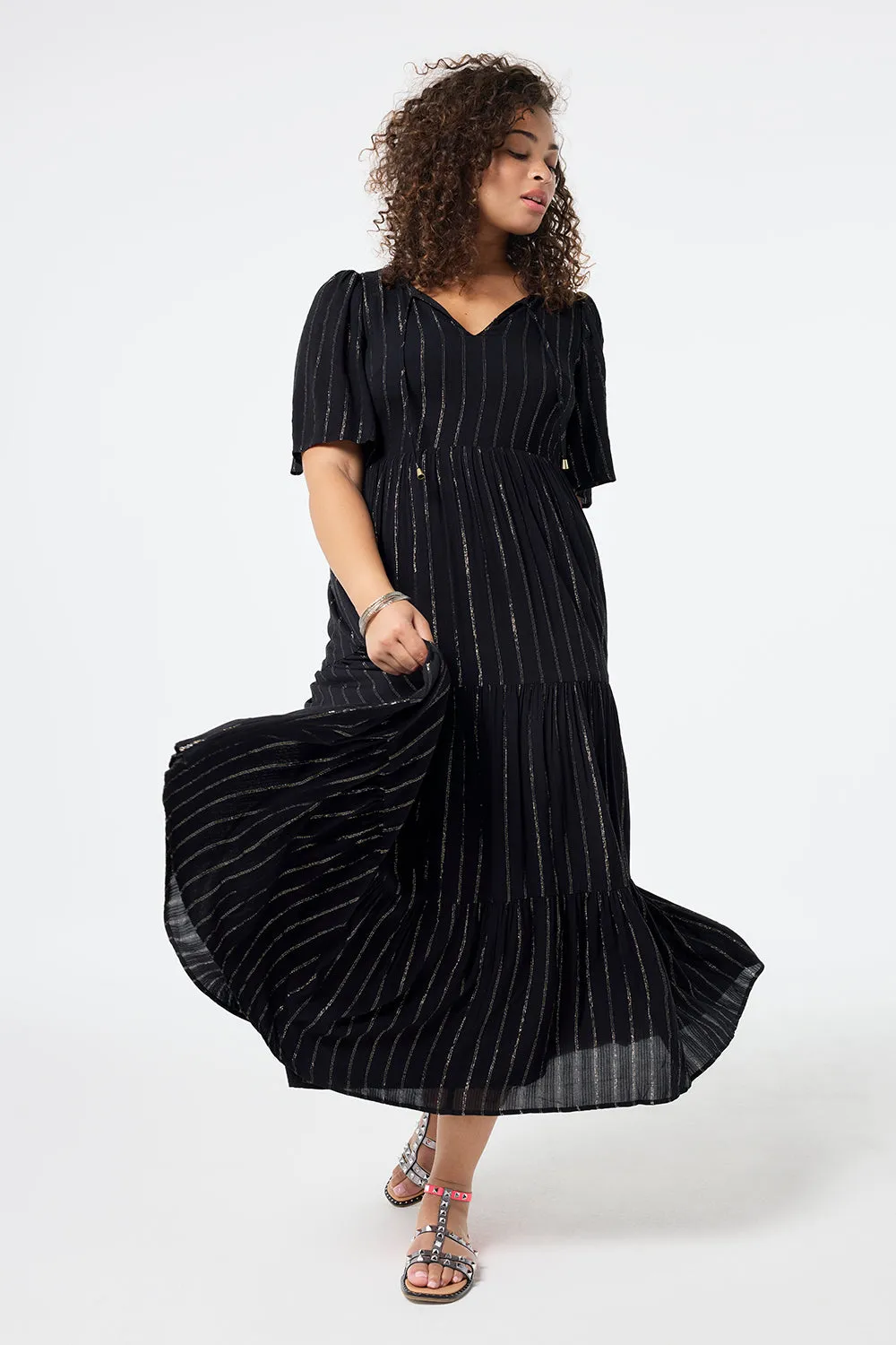 Black with Silver Lurex Angel Sleeve Tie Front Maxi Dress