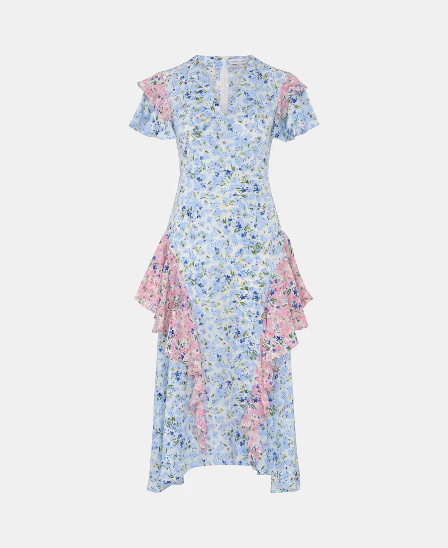 Blue Ditsy Floral Ruffle Mix and Match Midi Dress