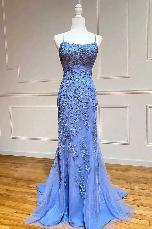 Blue Tulle Mermaid Spaghetti Straps Lace Appliques Long Prom Dresses, SP957