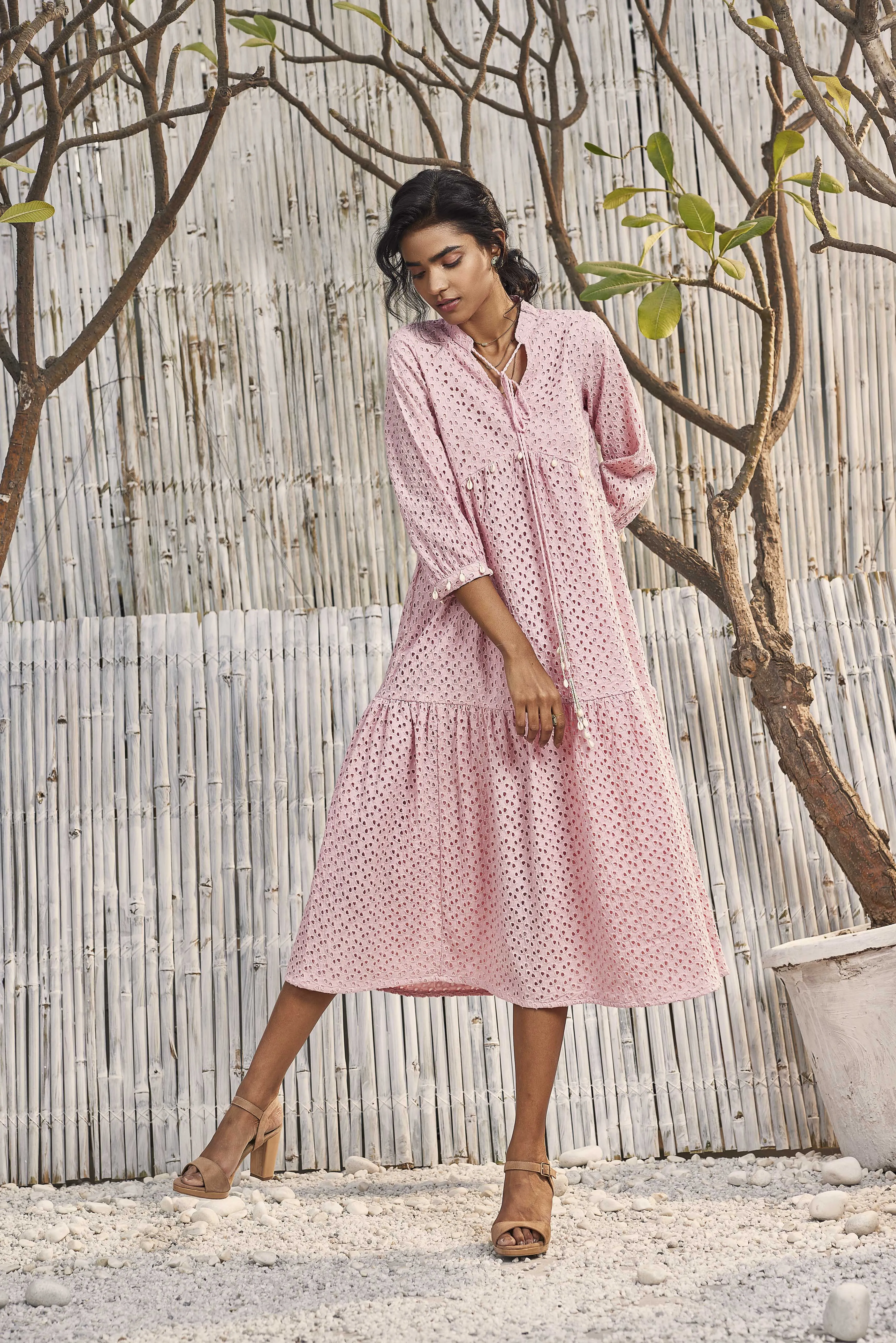 Breezy Cotton Cutwork Dress in Blush Pink