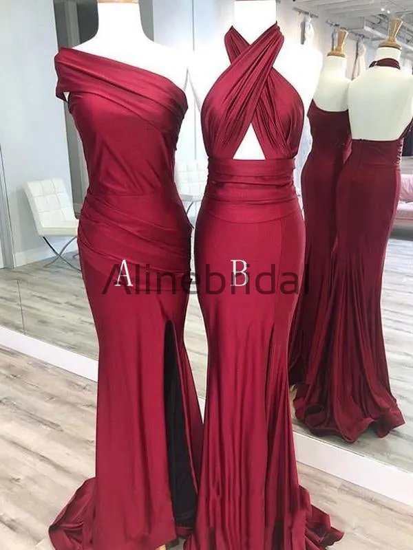 Burgundy Jersey Mismatched Mermaid Elegant Long Bridesmaid Dresses, AB4054