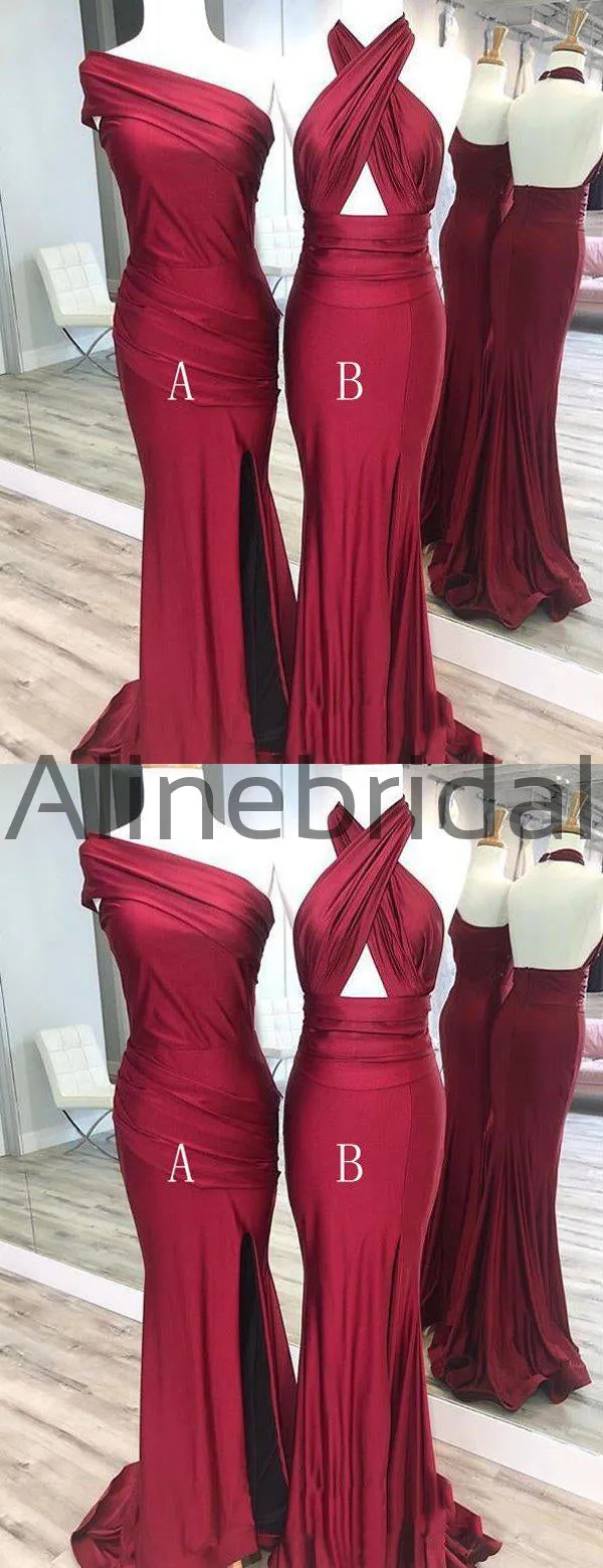 Burgundy Jersey Mismatched Mermaid Elegant Long Bridesmaid Dresses, AB4054