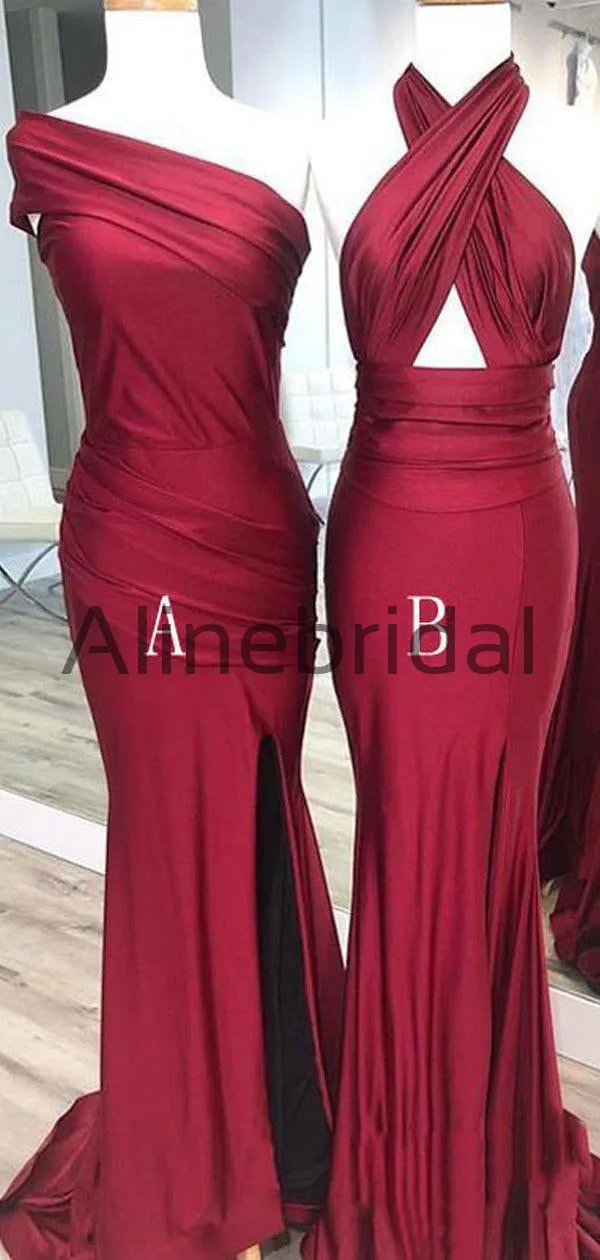 Burgundy Jersey Mismatched Mermaid Elegant Long Bridesmaid Dresses, AB4054