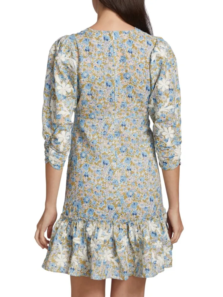 Bytimo Floral Linen Blend Mini Dress in Blue Multi