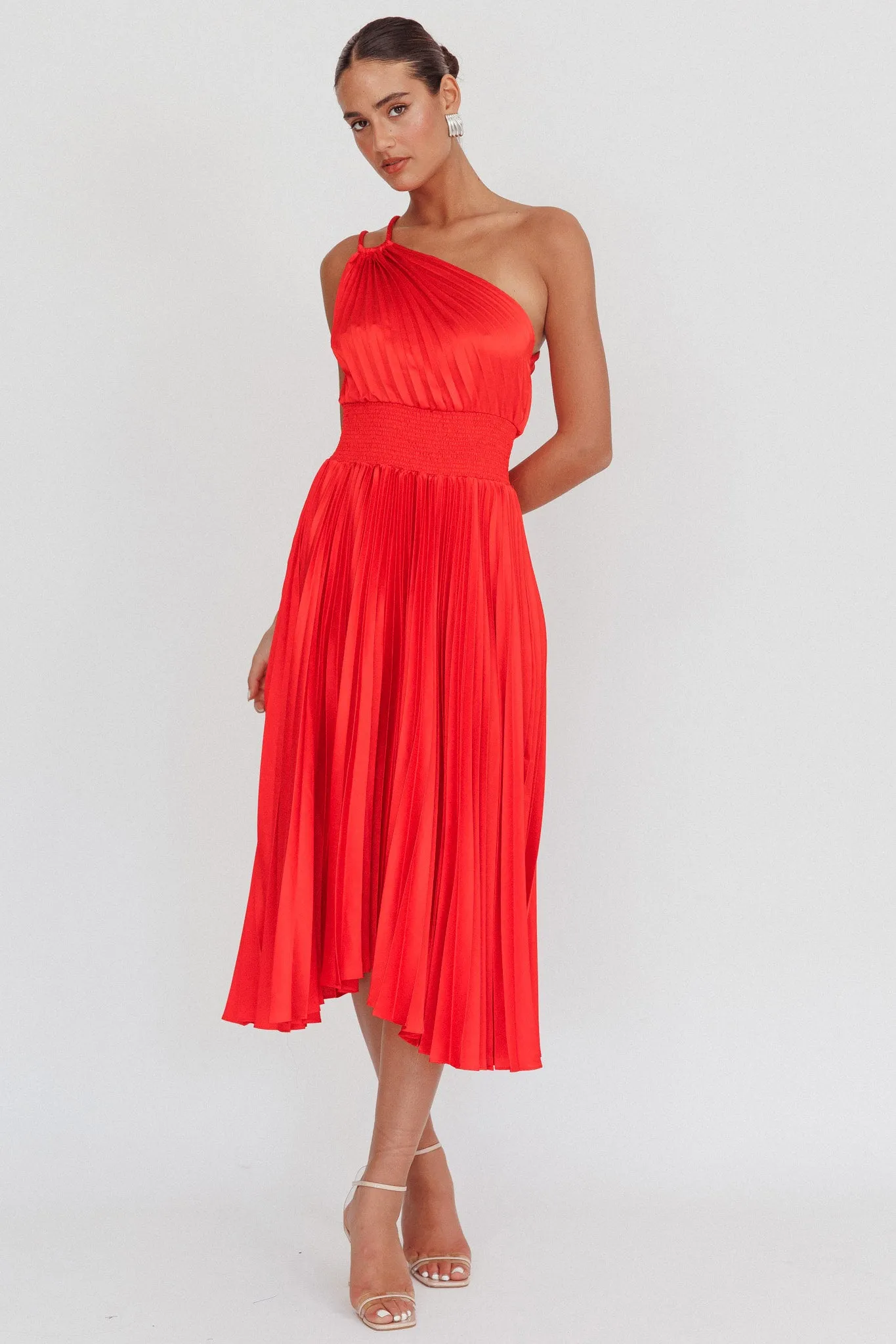 Calissa One Shoulder Pleated Midi Dress Red