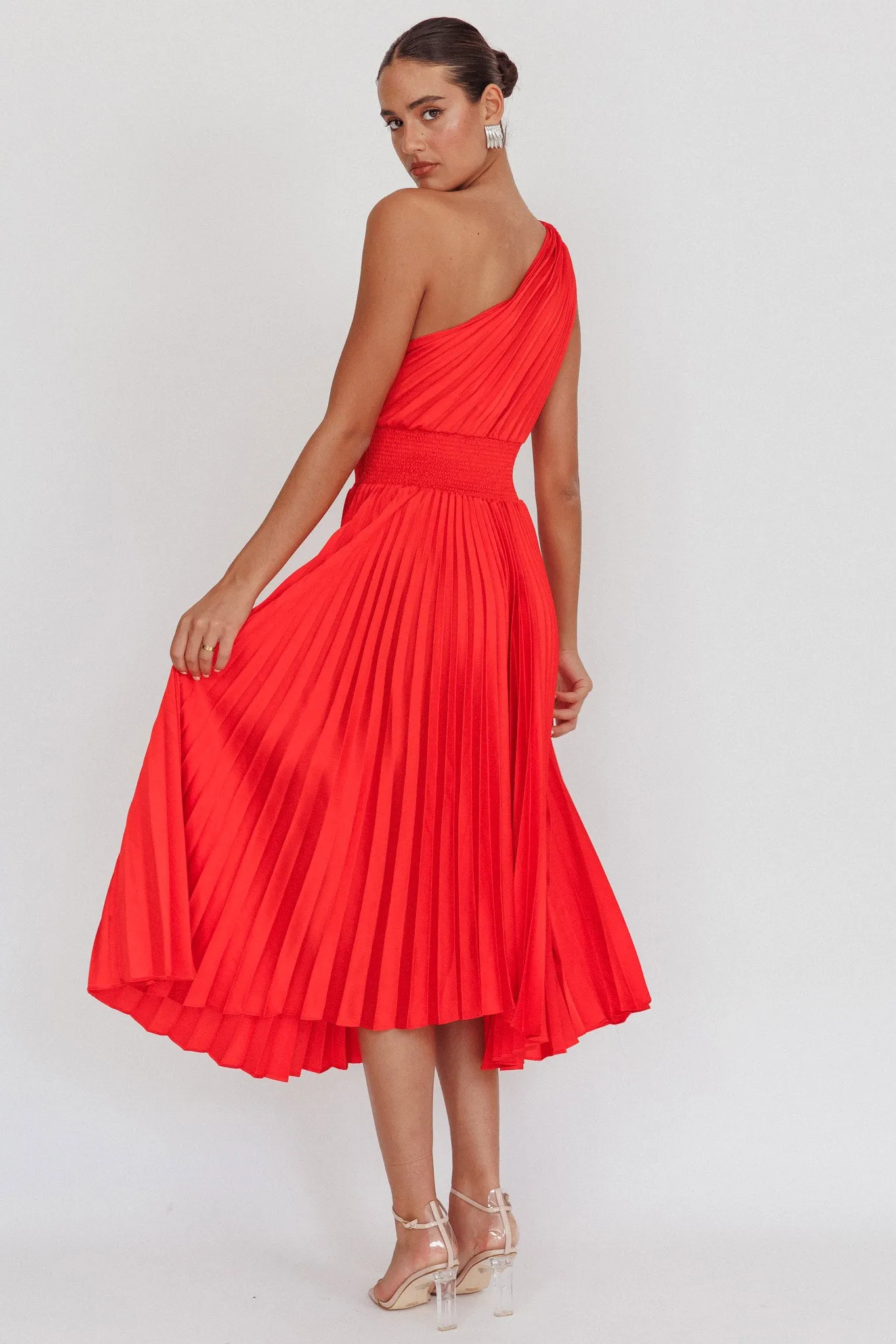 Calissa One Shoulder Pleated Midi Dress Red