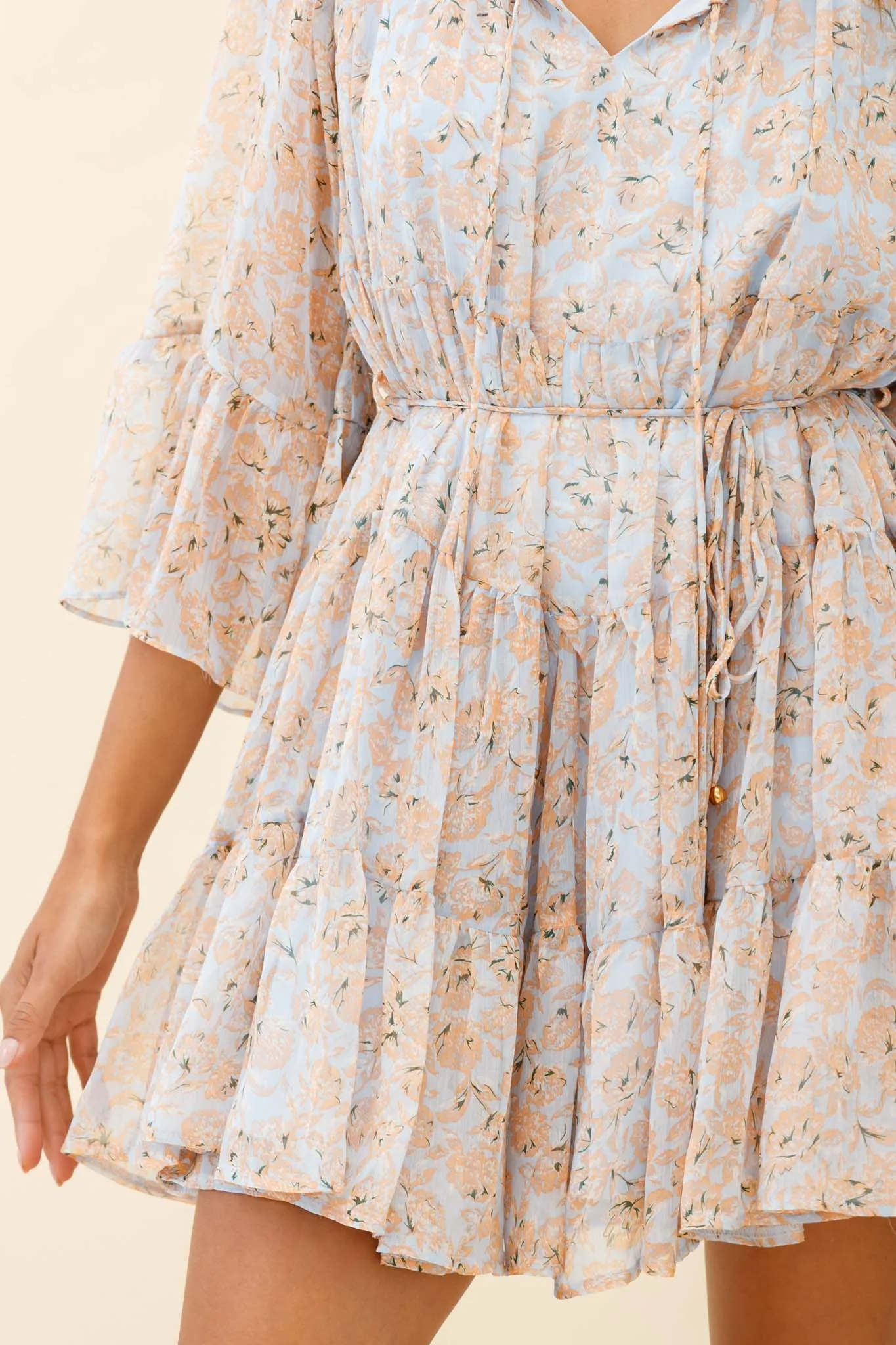 Called It Ruffle Trim Bell Sleeve Dress Floral Print Blue/Orange