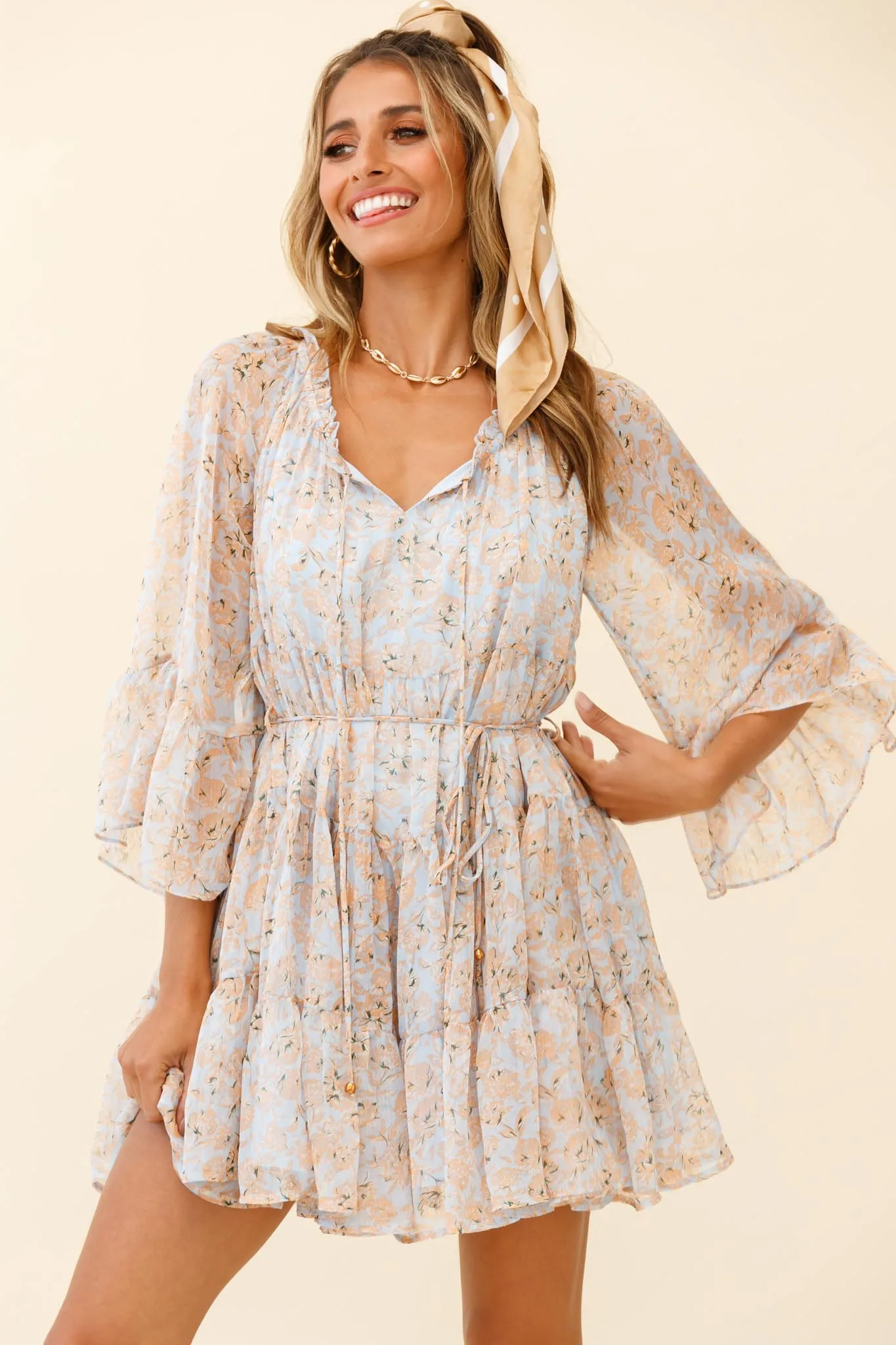 Called It Ruffle Trim Bell Sleeve Dress Floral Print Blue/Orange