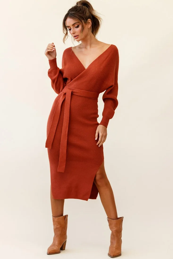 Cameo Batwing Knit Midi Dress Camel