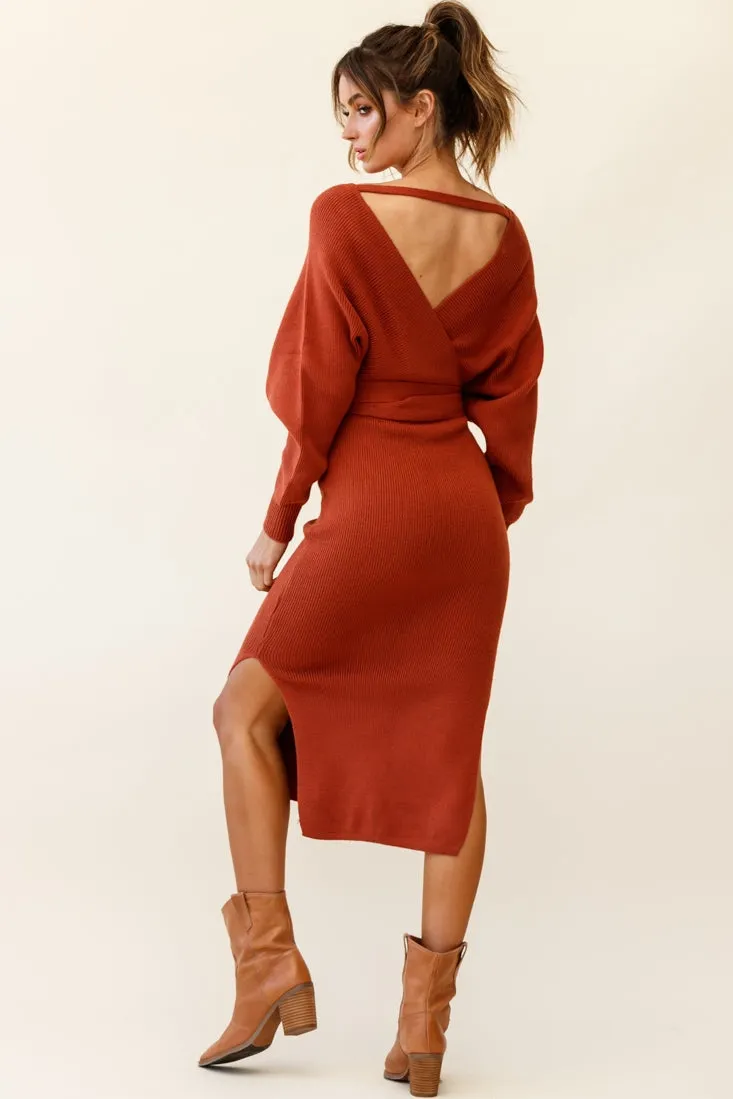 Cameo Batwing Knit Midi Dress Camel