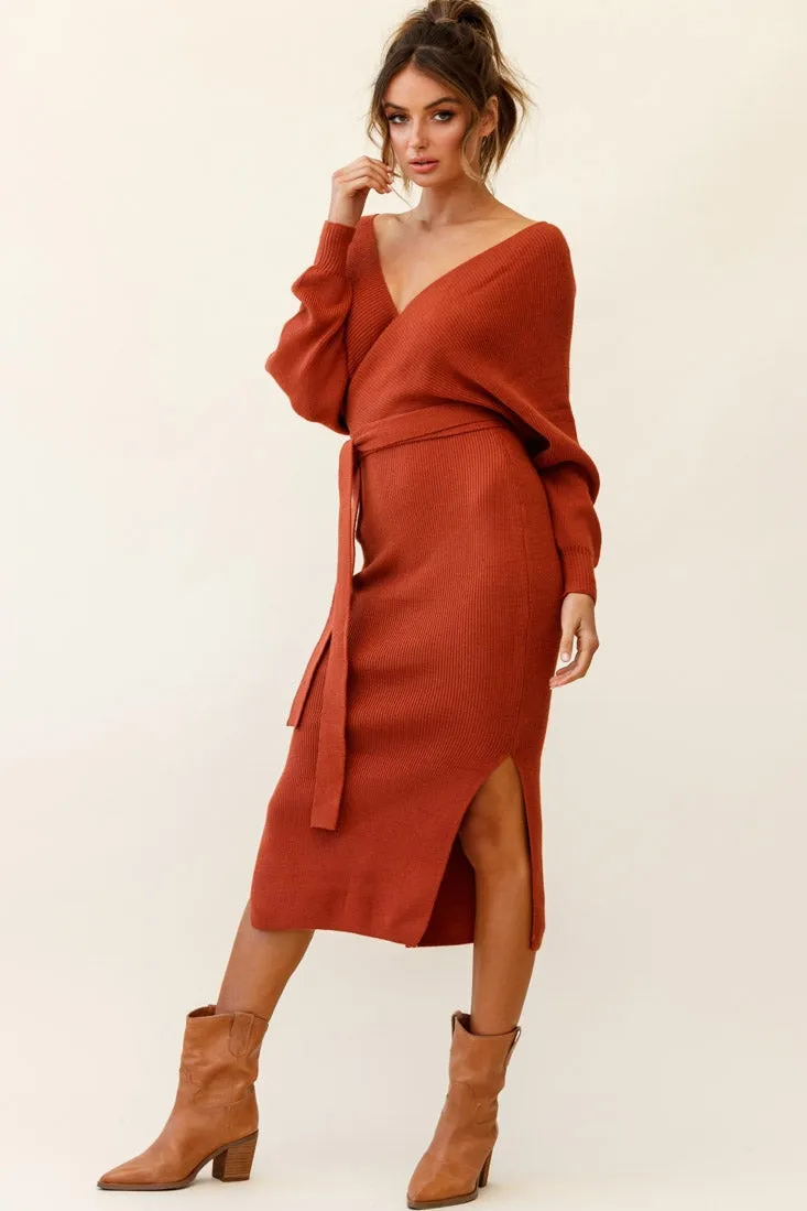 Cameo Batwing Knit Midi Dress Camel