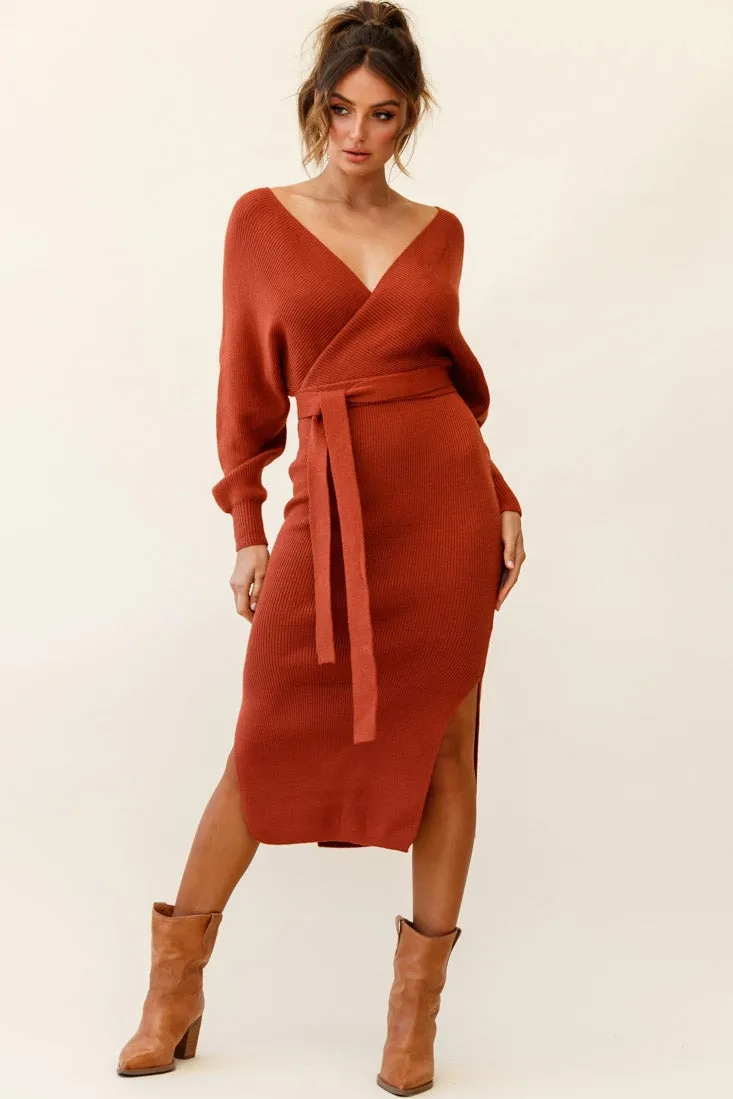 Cameo Batwing Knit Midi Dress Camel