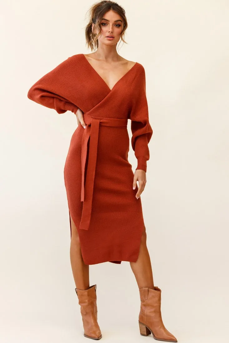 Cameo Batwing Knit Midi Dress Camel