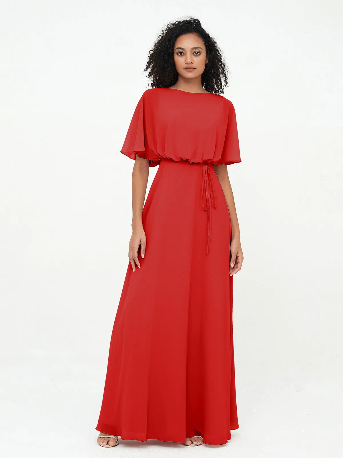 Chiffon Full Length Bridesmaid Dresses with Wrap Red