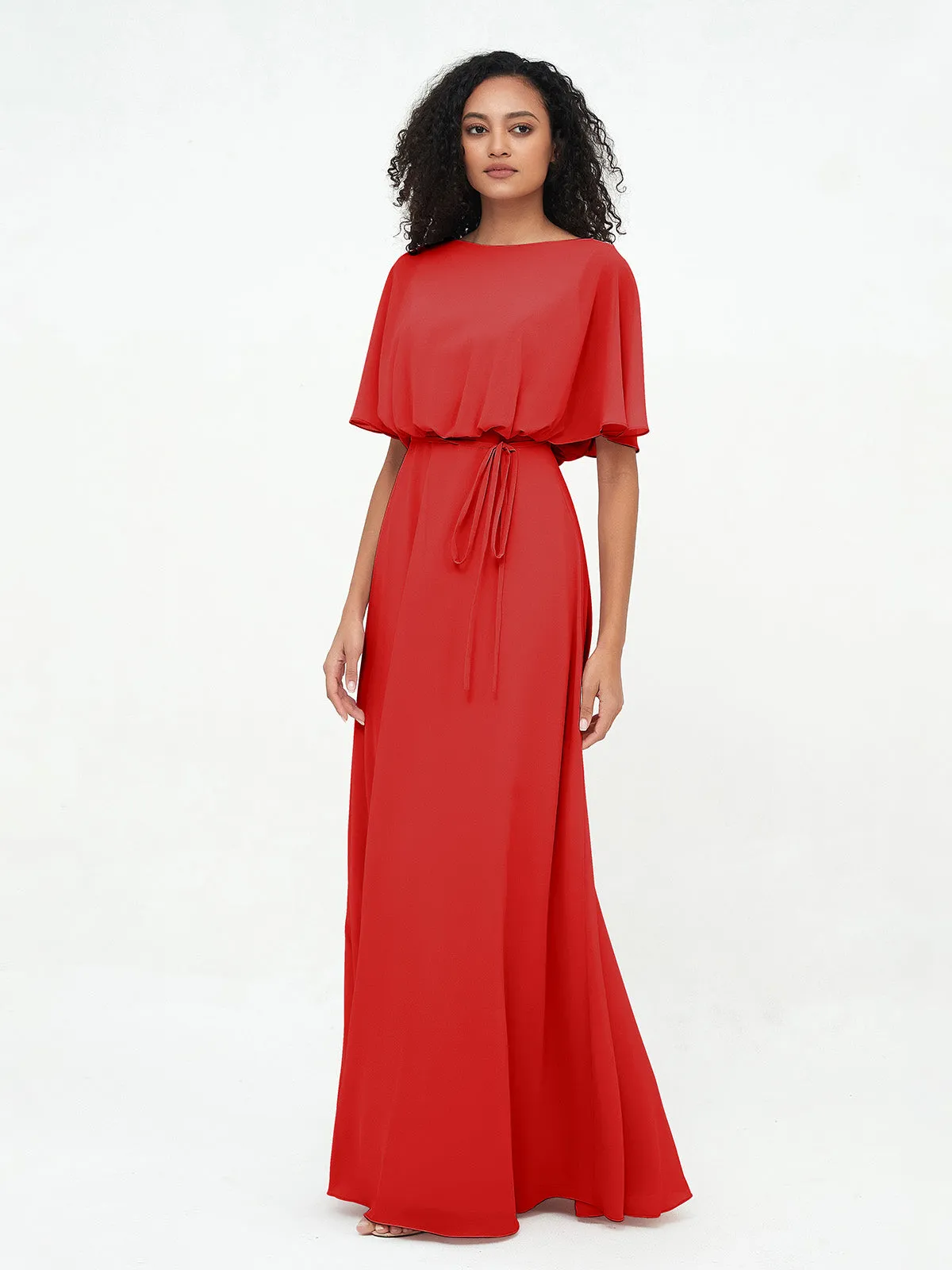 Chiffon Full Length Bridesmaid Dresses with Wrap Red