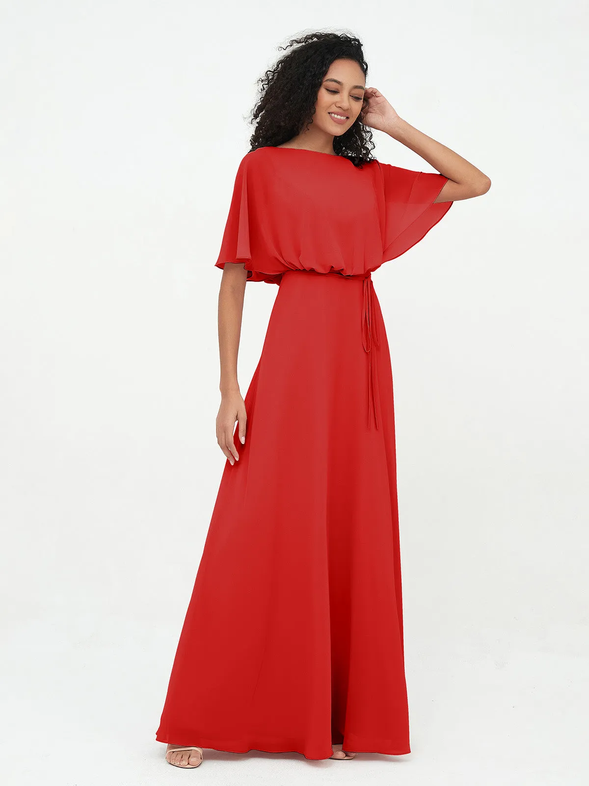 Chiffon Full Length Bridesmaid Dresses with Wrap Red