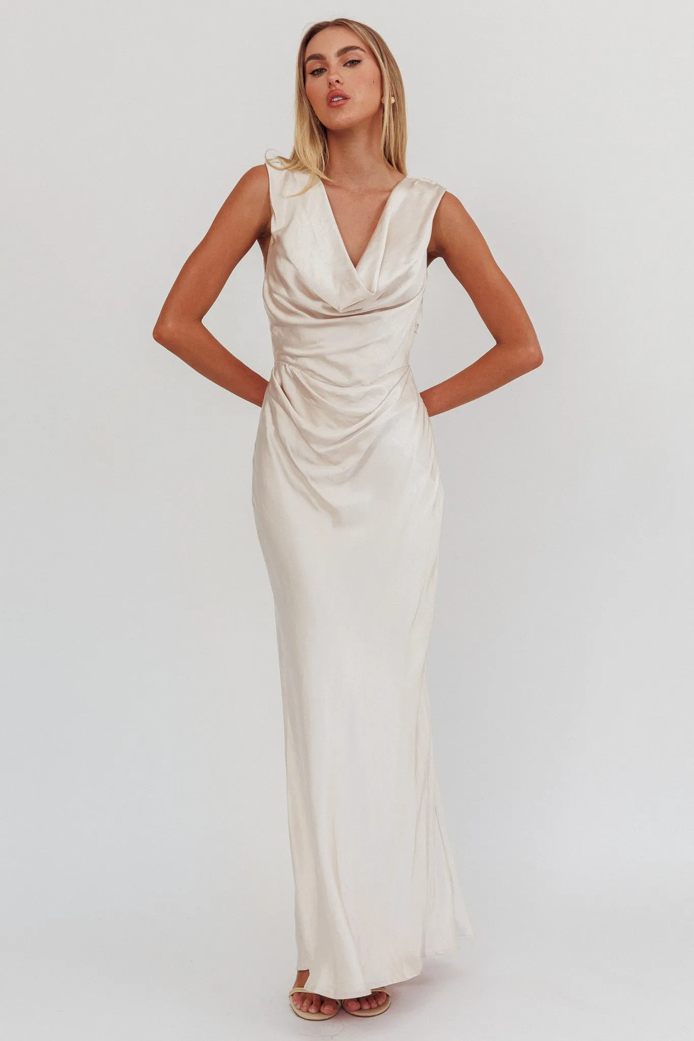 Chills Cowl Neck Satin Maxi Dress Champagne