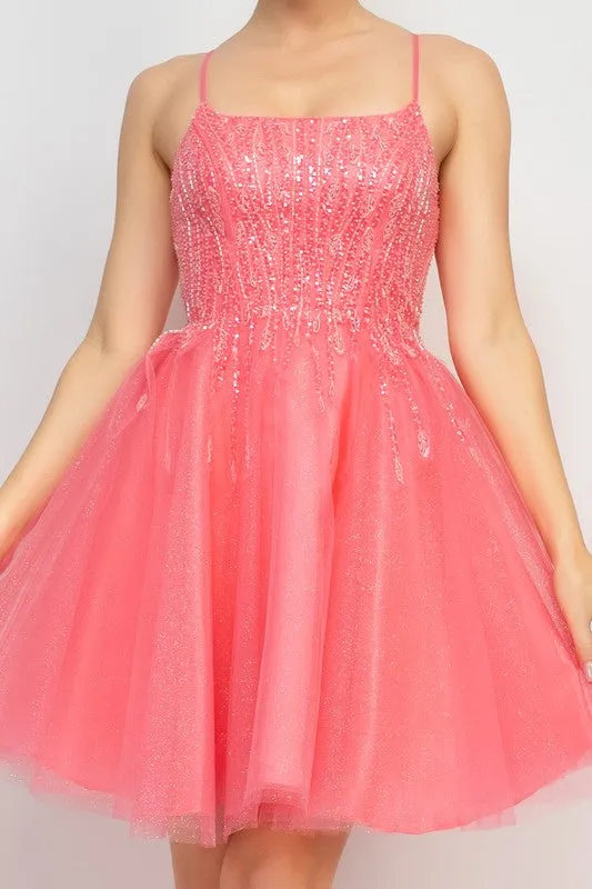 Coral Sequin Beads Tulle Mini Glittery Dress