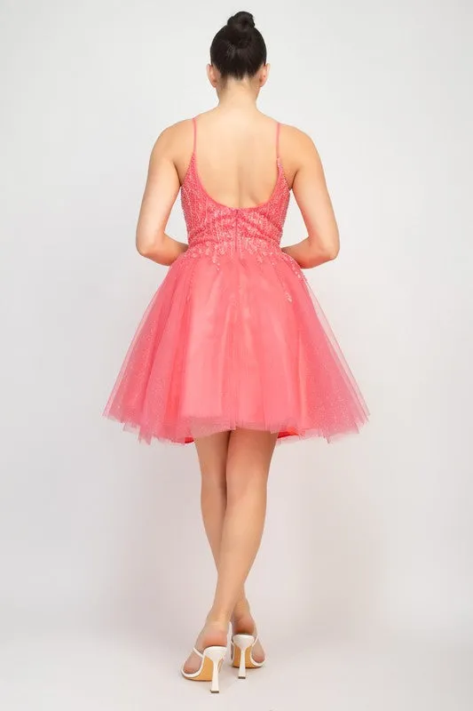 Coral Sequin Beads Tulle Mini Glittery Dress