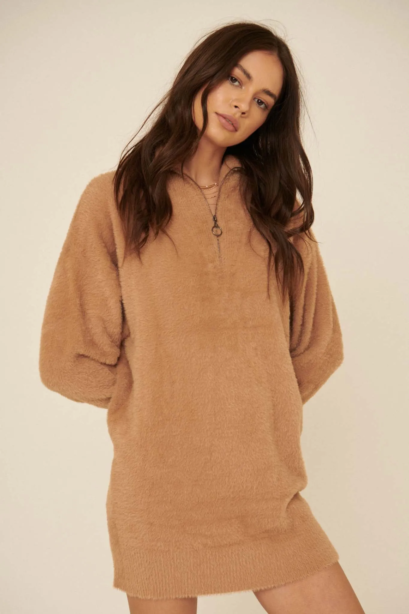 Cuddle Up Half-Zip Fuzzy Knit Sweater Dress