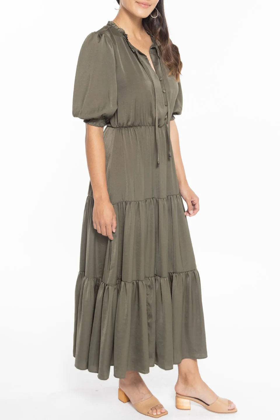 Curious Khaki Puff Short Sleeve Tiered Satin Midi Dress