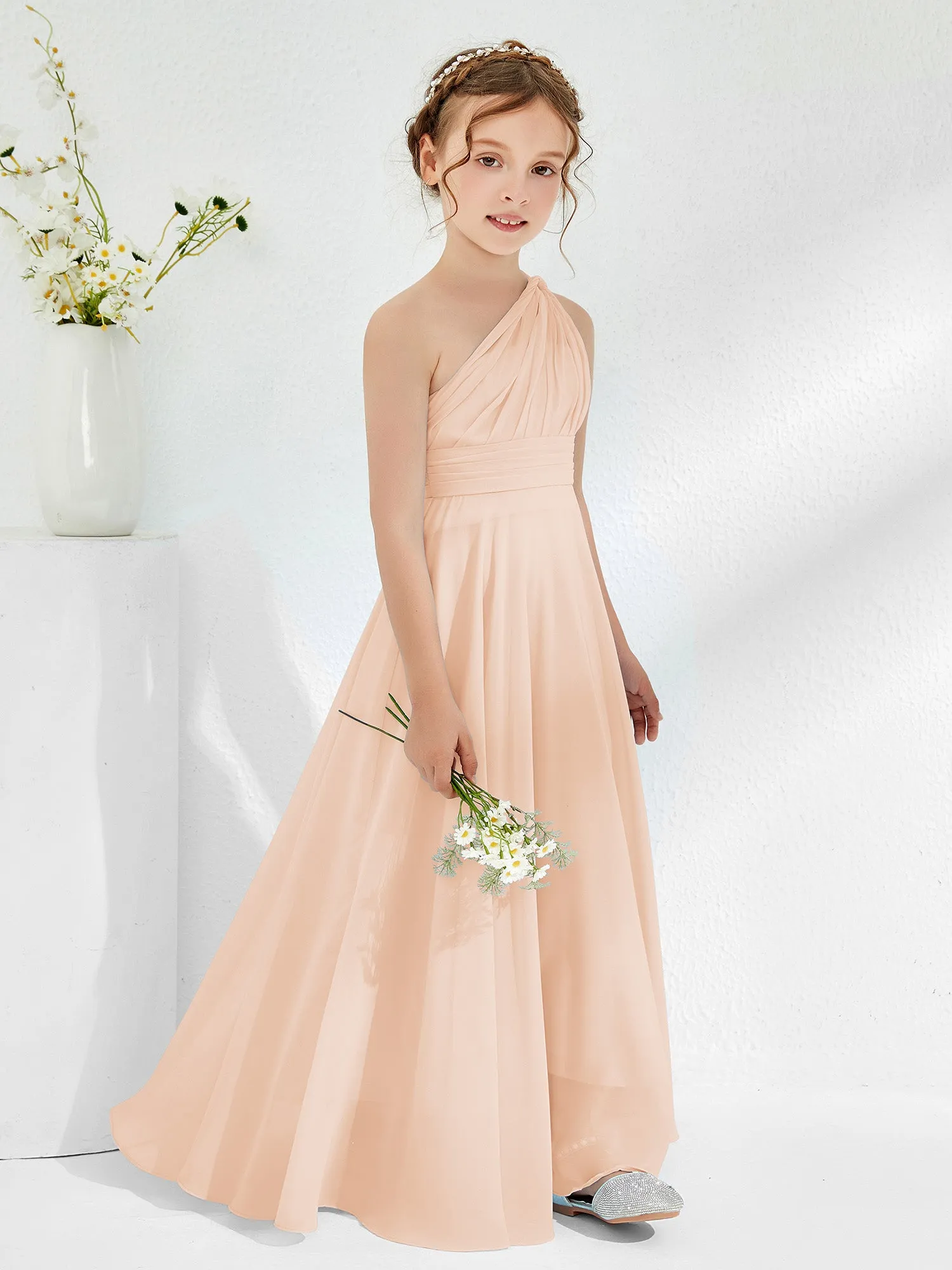 Cute One Shoulder  A-line Junior Bridesmaid Dresses Pearl Pink