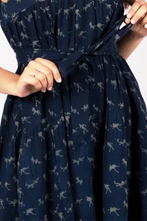 Dharan "Monkey Print Dress " Indigo Block Printed Dress