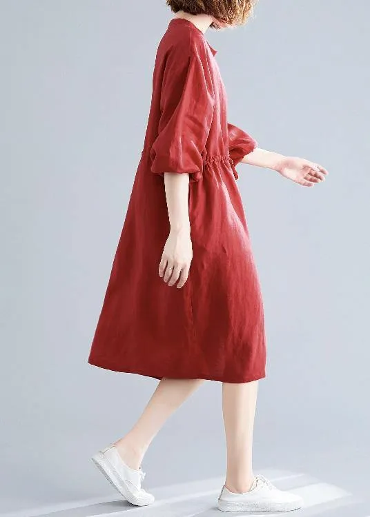 DIY o neck drawstring linen cotton quilting dresses red Shirts Dresses fall