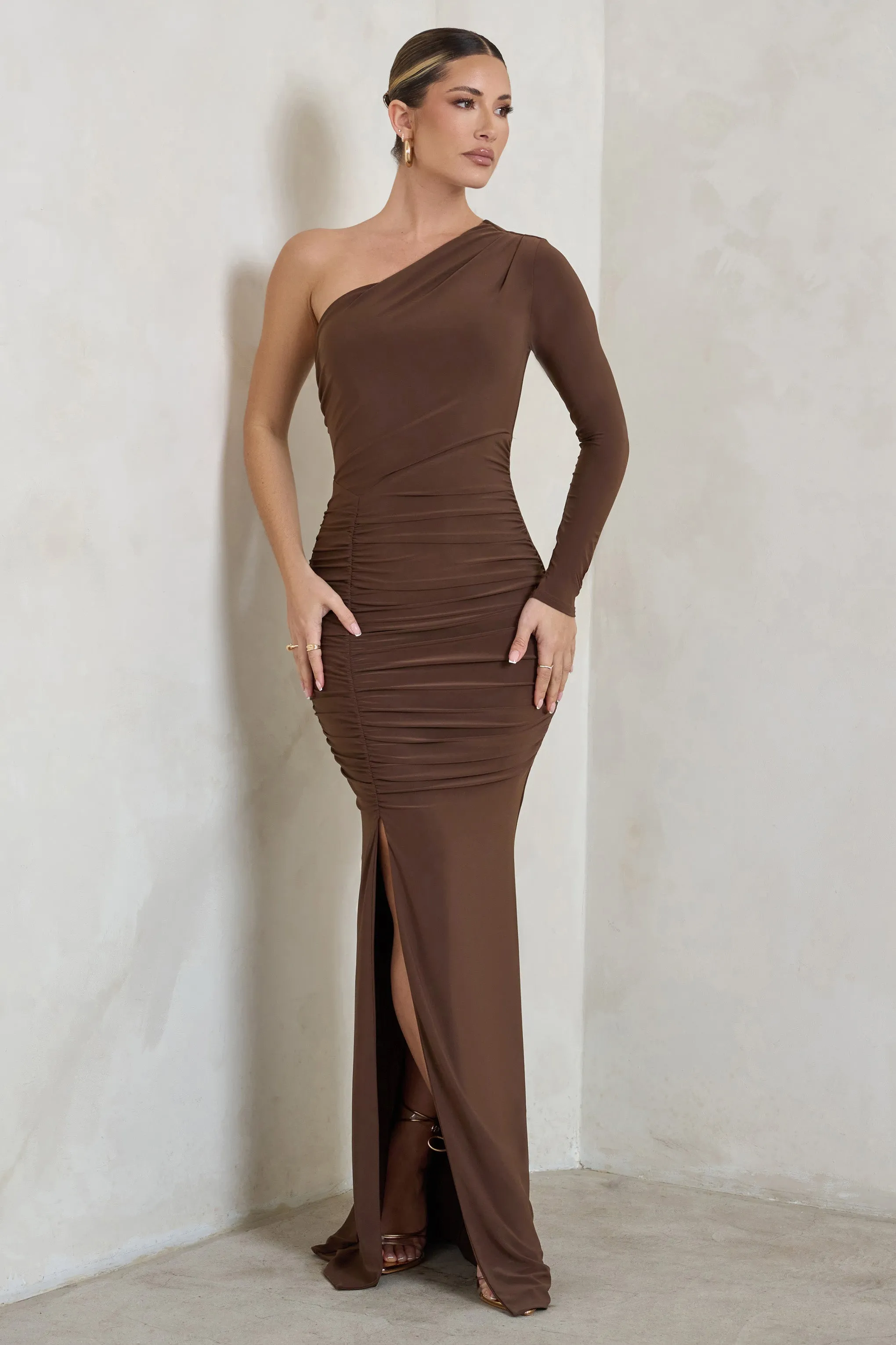 Doll | Brown Asymmetric One Sleeve Ruched Maxi Dress