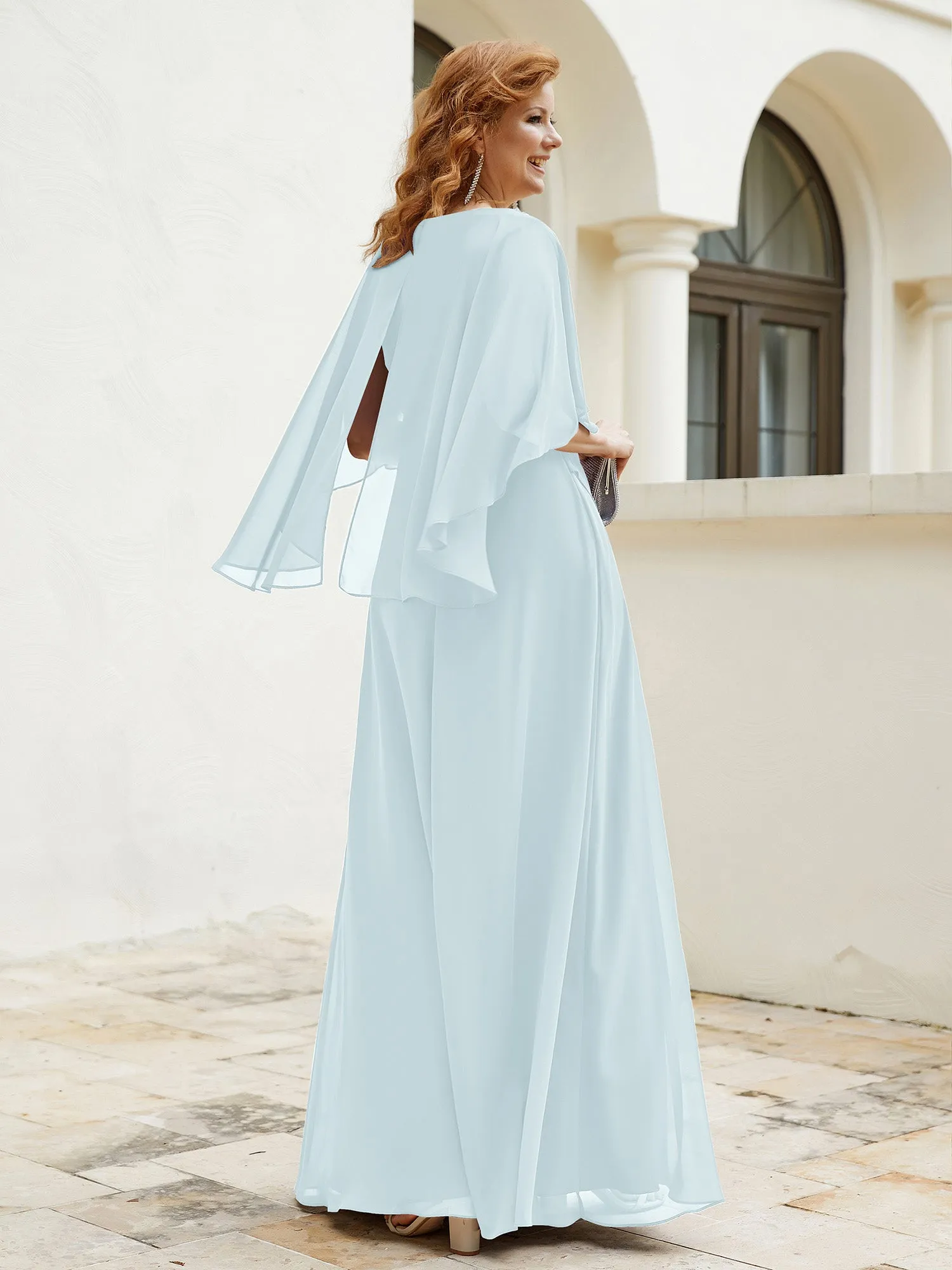 Dress Adorned with Beaded Elegance and Flutter Sleeves Mist