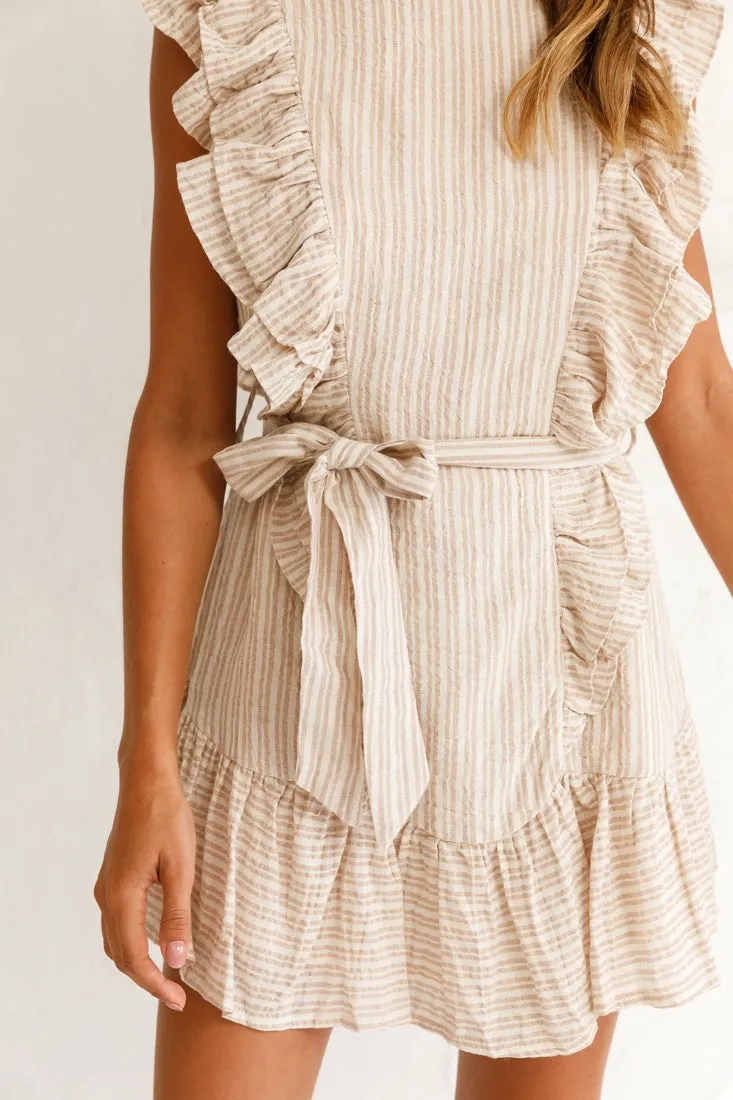 Easy Breezy Sleeveless Swing Dress Stripe Print Beige