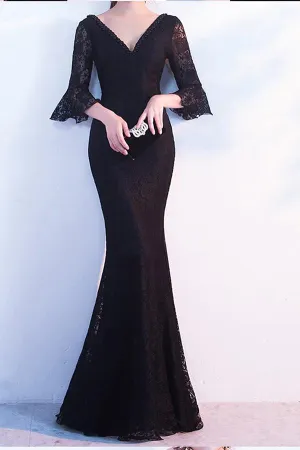 Elegant Black Lace Popular V-Neck Half Sleeve Sexy Mermaid Lace up Prom Dresses WK246