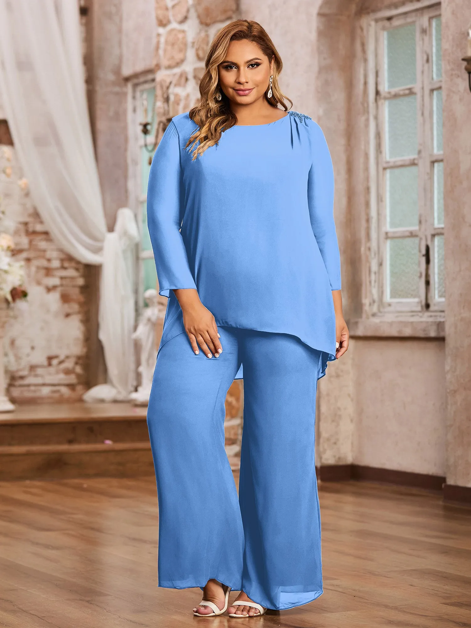 Elegant Chiffon Pant Suit with Long Sleeves-Blue