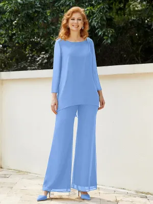 Elegant Chiffon Pant Suit with Long Sleeves-Blue