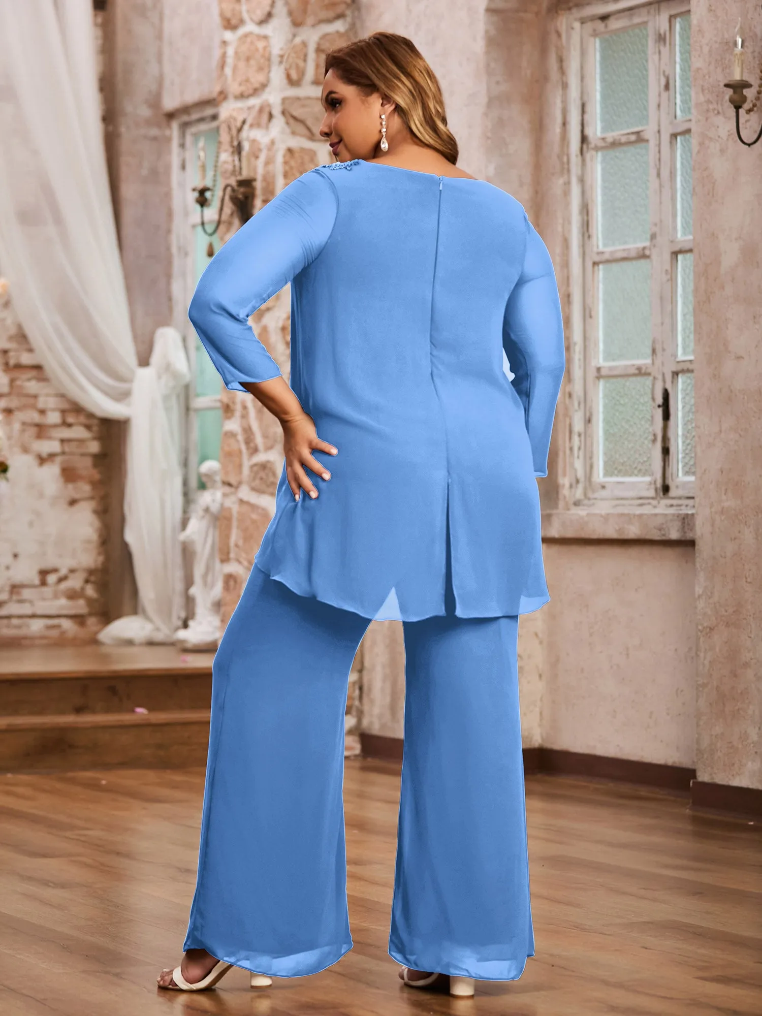 Elegant Chiffon Pant Suit with Long Sleeves-Blue