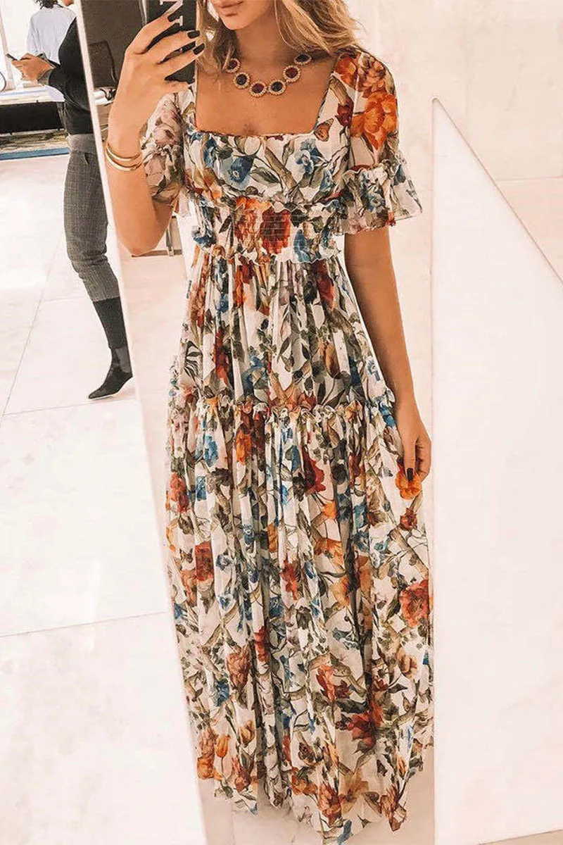 Elegant Floral Stringy Selvedge Square Collar Printed Dress Dresses