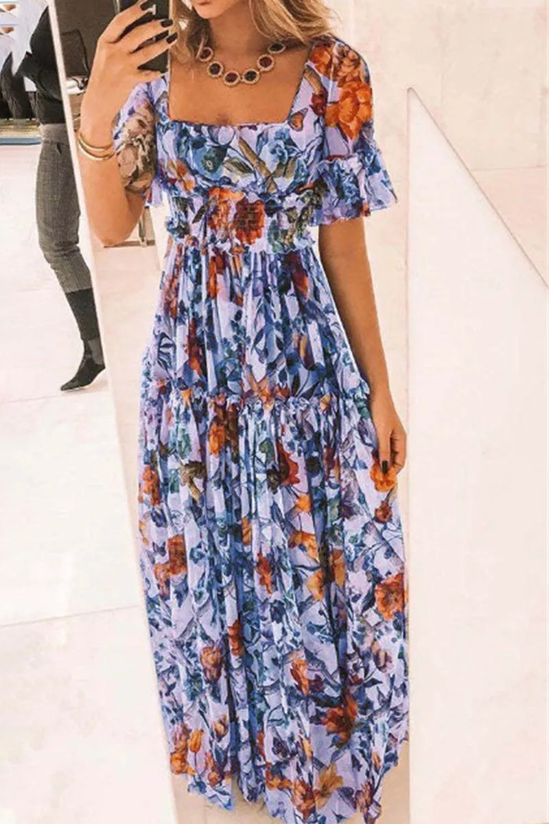 Elegant Floral Stringy Selvedge Square Collar Printed Dress Dresses