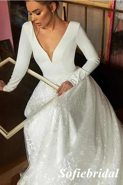 Elegant Satin And Lace Long Sleeves A-Line Long Wedding Dresses,SFWD0082