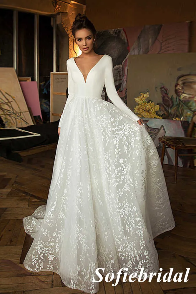 Elegant Satin And Lace Long Sleeves A-Line Long Wedding Dresses,SFWD0082