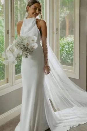 Elegant Satin Mermaid Halter Simple Wedding Dresses With Train, SW688