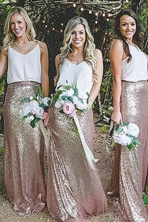 Elegant Sheath V-Neck Straps Sequined Floor-Length A-Line Sleeveless Bridesmaid Dresses WK294