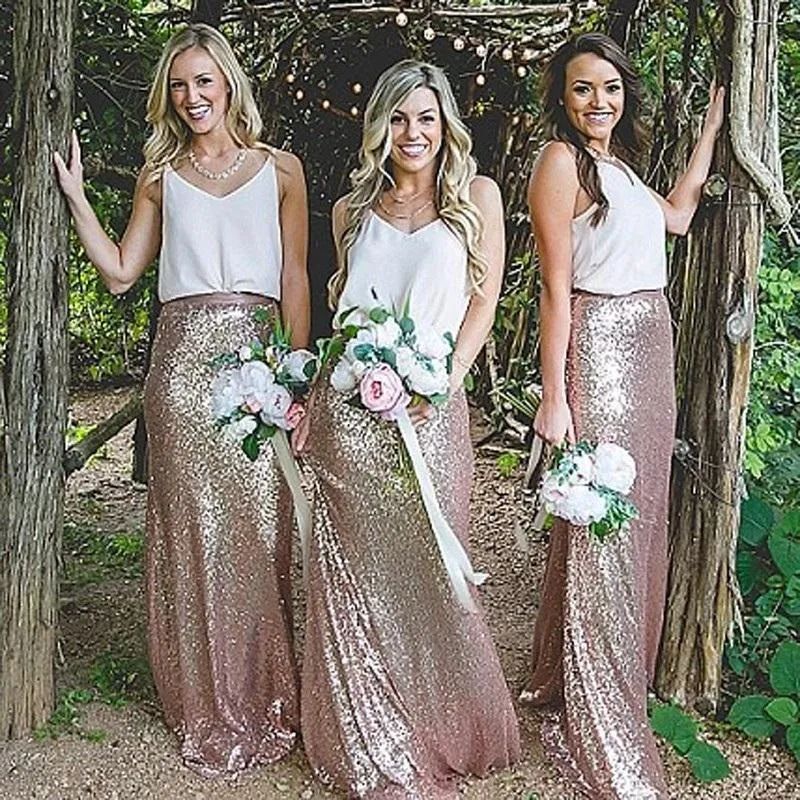 Elegant Sheath V-Neck Straps Sequined Floor-Length A-Line Sleeveless Bridesmaid Dresses WK294