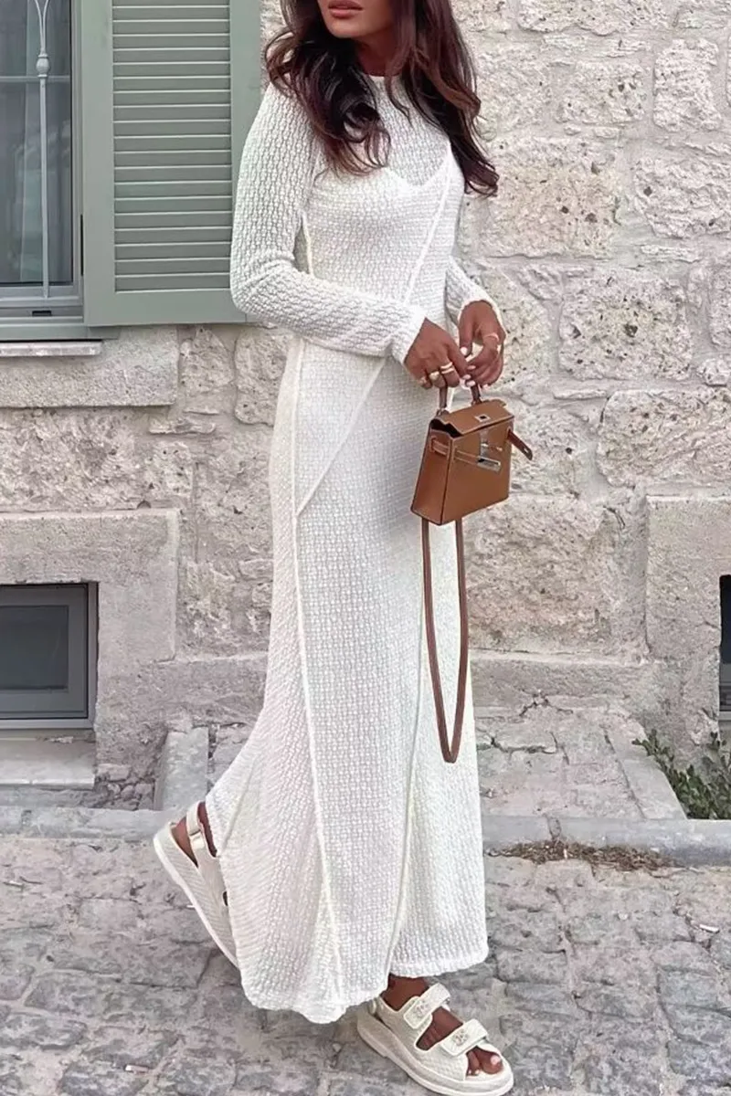 Elegant Solid Color Hollow Out O Neck Long Sleeve Dresses