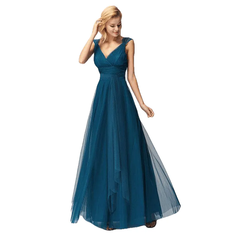 Elegant V-Neck Sleeveless A-Line Tulle Teal Prom Dresses