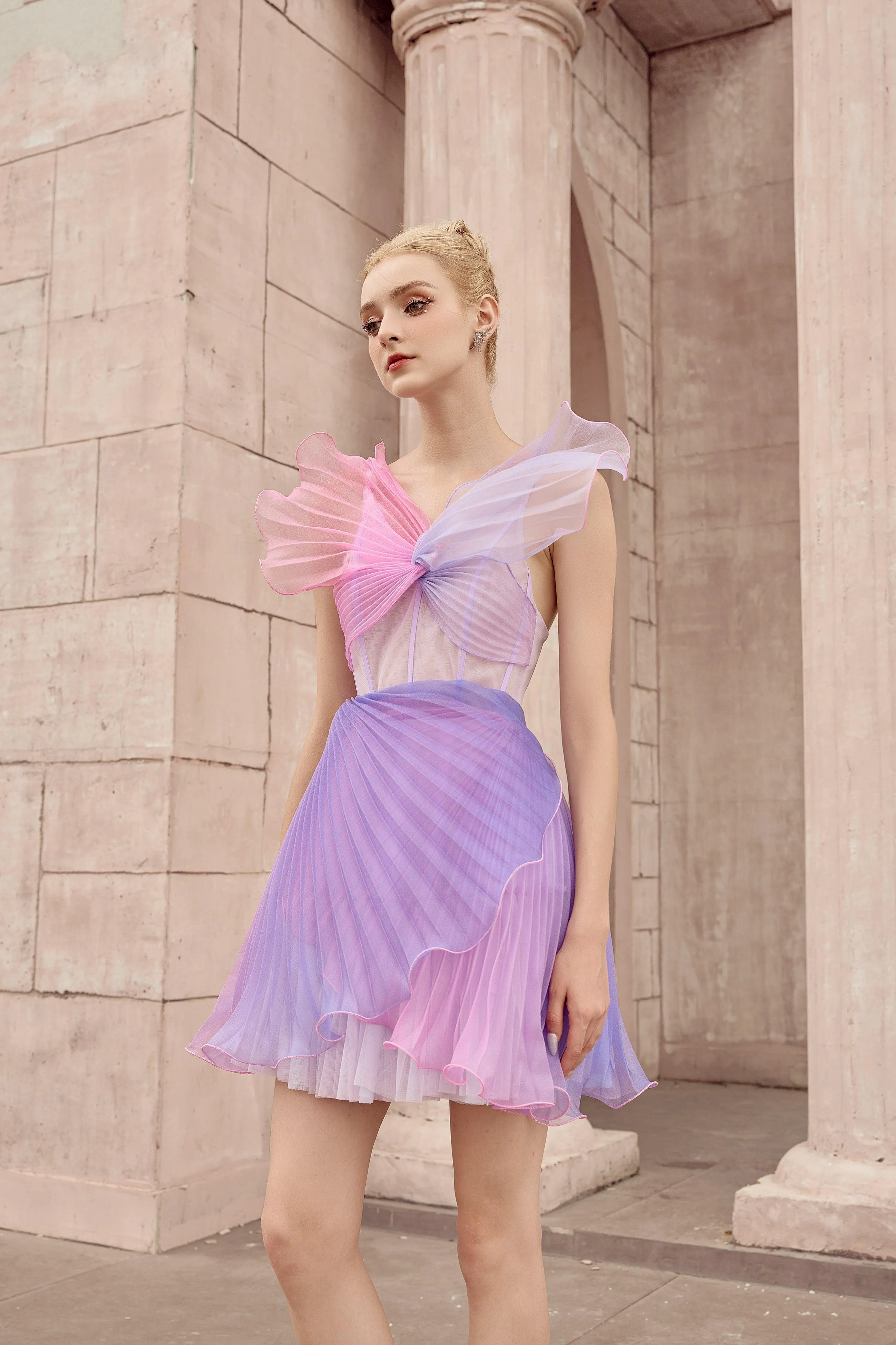 Euterpe Pleated V-Neck Chiffon Mini Dress